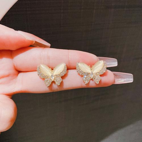 Zinc Alloy Stud Earring with Cats Eye Butterfly fashion jewelry & for woman & with rhinestone golden Sold By Pair