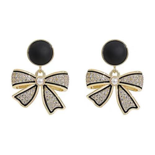 Zinc Alloy Stud Earring Bowknot fashion jewelry & for woman & with rhinestone golden Sold By Pair