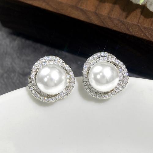 Boucles d'oreilles en laiton zircon cubique pavent, avec perle de plastique, bijoux de mode & pavé de micro zircon & pour femme, plus de couleurs à choisir, 14mm, Vendu par paire