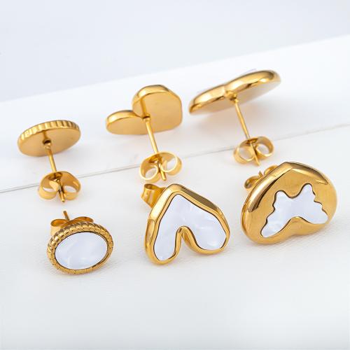 Stainless Steel Stud Earrings 304 Stainless Steel with Shell & for woman golden Sold By Bag