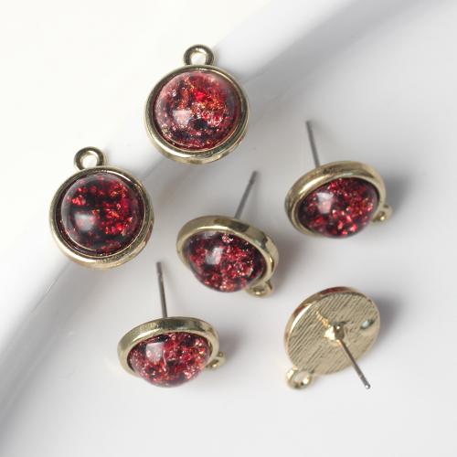 Zinc Alloy Earring Findings with Resin Round gold color plated DIY red nickel lead & cadmium free Sold By Bag