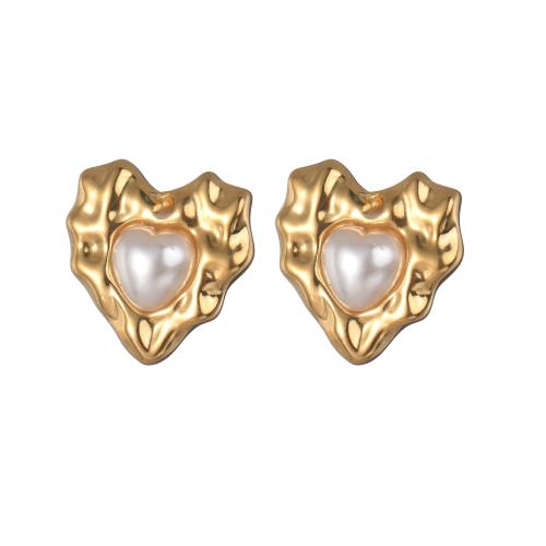 Roestvrij staal Stud Earrings, 304 roestvrij staal, met Plastic Pearl, Hart, plated, mode sieraden, meer kleuren voor de keuze, 18x19mm, Verkocht door pair