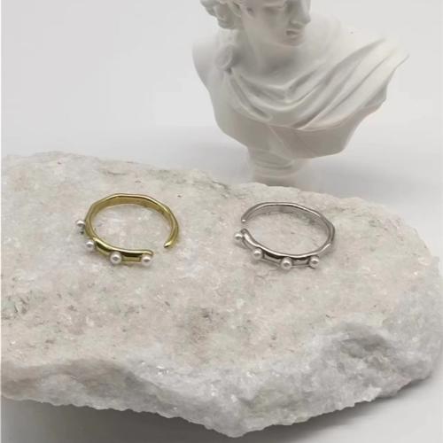 Vinger Ring in edelstaal, 304 roestvrij staal, met Plastic Pearl, plated, voor vrouw, meer kleuren voor de keuze, Maat:7, Verkocht door PC