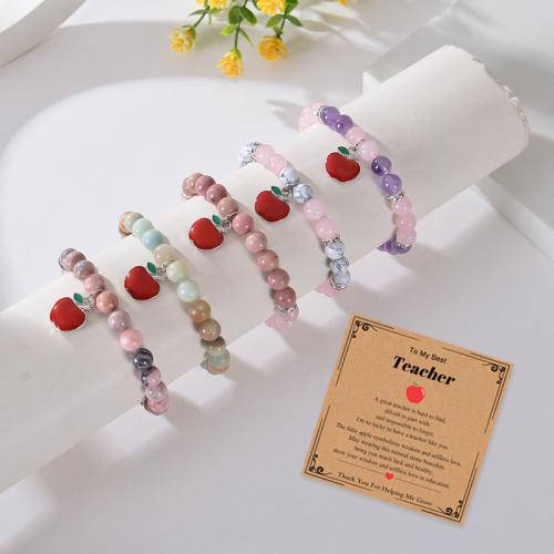 Gemstone Bracelets Natural Stone with Elastic Thread & Rose Quartz & 304 Stainless Steel Vacuum Ion Plating & Unisex & enamel Sold By PC