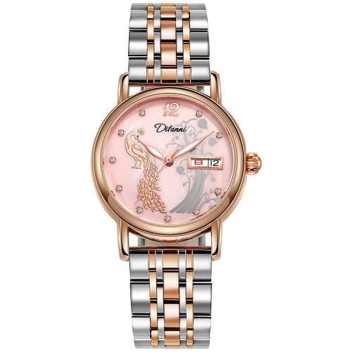 alliage de zinc bracelet de montre, avec Cuir & verre & Acier inoxydable 304, Rond, Résistant à l’eau de vie & montre mécanique & avec le double calendrier & styles différents pour le choix & pour femme & lumineux & avec strass, Vendu par PC