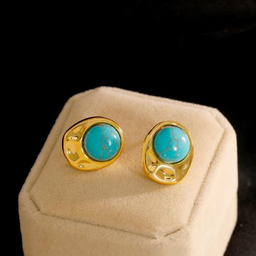 Brass Stud Earring with Turquoise 18K gold plated fashion jewelry & for woman golden Sold By Pair