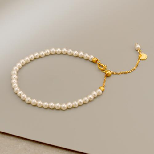 Pulseras de latón, metal, con Perlas plásticas, con 5cm extender cadena, 18K chapado en oro, Joyería & para mujer, Blanco, longitud aproximado 15 cm, Vendido por UD