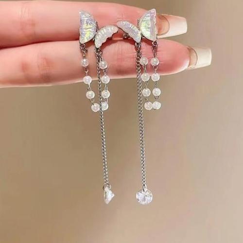 Zinc Alloy Oorbel clip, met Plastic Pearl, mode sieraden & voor vrouw & met strass, zilver, 70mm, Verkocht door pair