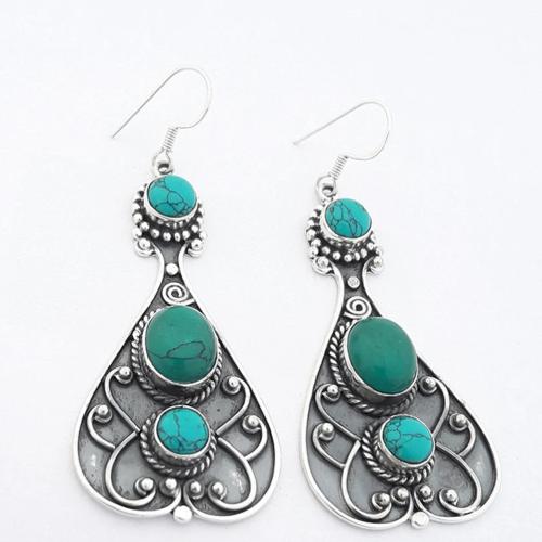 Sinc Alloy Earrings, le Turquoise sintéiseach, dath airgid antique plátáilte, jewelry faisin & do bhean, 47mm, Díolta De réir Péire