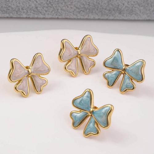 Stainless Steel Stud fülbevaló, 304 rozsdamentes acél, Bowknot, arany színű aranyozott, divat ékszerek & zománc, aranysárga, 18x16mm, Által értékesített pár