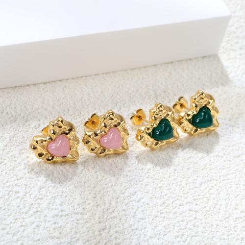 Roestvrij staal Stud Earrings, 304 roestvrij staal, met Natuursteen, Hart, gold plated, mode sieraden & voor vrouw, meer kleuren voor de keuze, Verkocht door pair