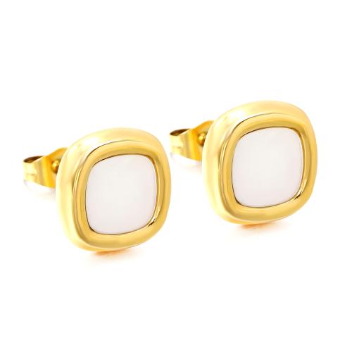 Roestvrij staal Stud Earrings, 304 roestvrij staal, met White Shell, gold plated, mode sieraden & voor vrouw, Verkocht door pair