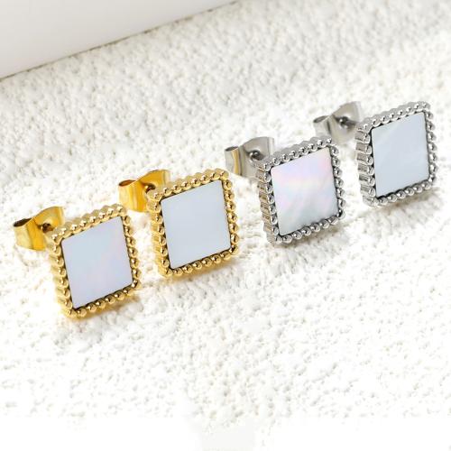 Stainless Steel Stud Earrings 304 Stainless Steel with White Shell Square plated fashion jewelry & for woman Sold By Pair