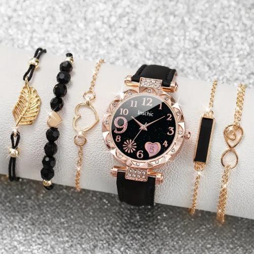 alliage de zinc Set de bracelet, montre & Bracelet, avec cuir PU & verre & Acier inoxydable 304, Placage, 6 pièces & styles différents pour le choix & pour femme & avec strass, Longueur Environ 15-24 cm, Vendu par fixé