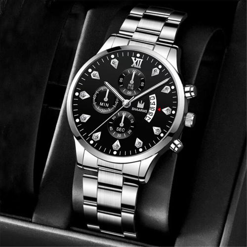 Zinc Alloy Watch Bracelet with PU Leather & Glass & 304 Stainless Steel Round plated Chinese movement & for man & with rhinestone Sold By PC