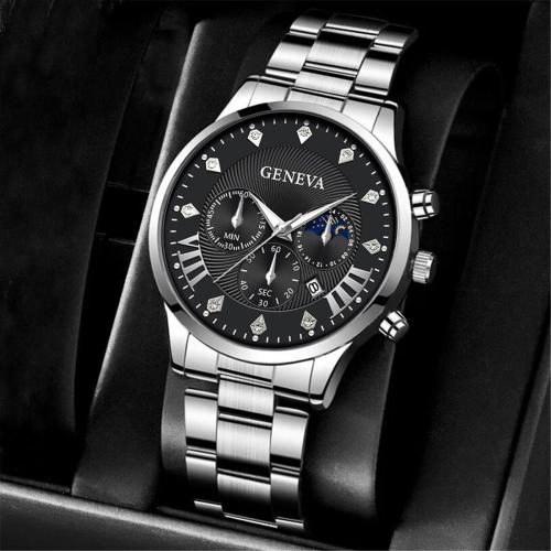 alliage de zinc bracelet de montre, avec cuir PU & verre & Acier inoxydable 304, Rond, Placage, mouvement chinoise & styles différents pour le choix & pour homme & avec strass, Vendu par PC