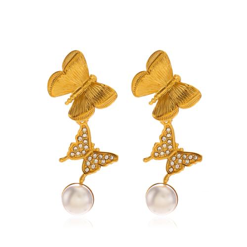 Roestvrij staal Stud Earrings, 304 roestvrij staal, met Plastic Pearl, mode sieraden & micro pave zirconia & voor vrouw, 15x40mm, Verkocht door pair