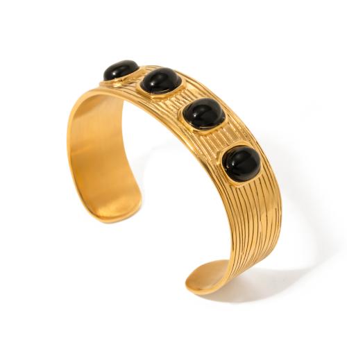 Stainless Steel Bangle 304 Stainless Steel with Black Agate Vacuum Ion Plating fashion jewelry & for woman golden 19.60mm Inner Approx 63.8mm Sold By PC