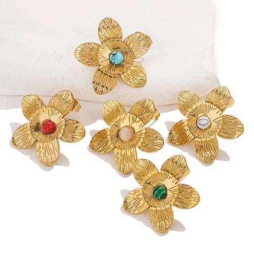 Roestvrij staal Stud Earrings, 304 roestvrij staal, met Natuursteen, Bloem, gold plated, verschillende materialen voor de keuze & voor vrouw, meer kleuren voor de keuze, Verkocht door pair