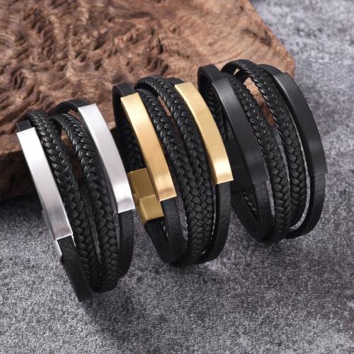 PU leder koord armbanden, 316 Roestvrij staal, met PU, multilayer & verschillende grootte voor keus & voor de mens, meer kleuren voor de keuze, Verkocht door PC