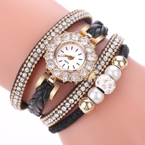 Zinc Alloy Armband-Set, horloge & armband, met PU & Glas & Plastic Pearl, plated, multilayer & voor vrouw & met strass, meer kleuren voor de keuze, Lengte Ca 23.5 cm, Verkocht door Stel