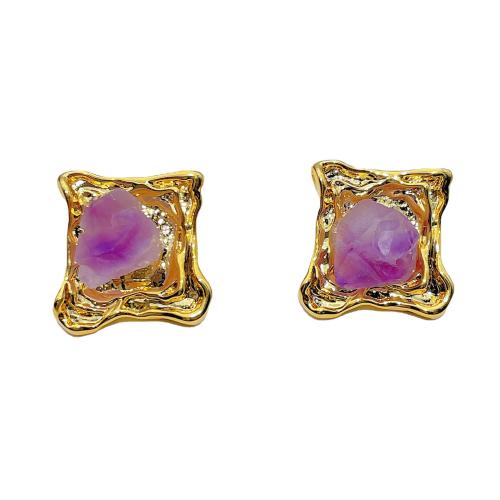 Brass Stud Earring with Amethyst fashion jewelry & for woman golden Sold By Pair