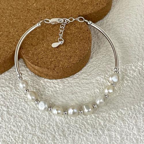 Argento Bracciali, 925 sterline d'argento, with perla d'acquadolce coltivata naturalmente, gioielli di moda & per la donna, Lunghezza Appross. 19 cm, Venduto da PC