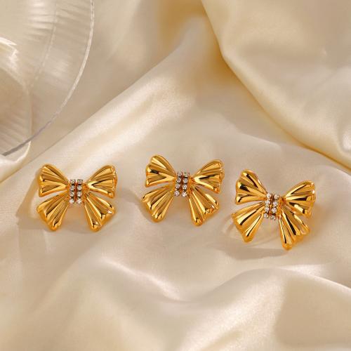 Rhinestone Stainless Steel Jewelry Set 304 Stainless Steel Bowknot 18K gold plated & for woman & with rhinestone golden Sold By PC