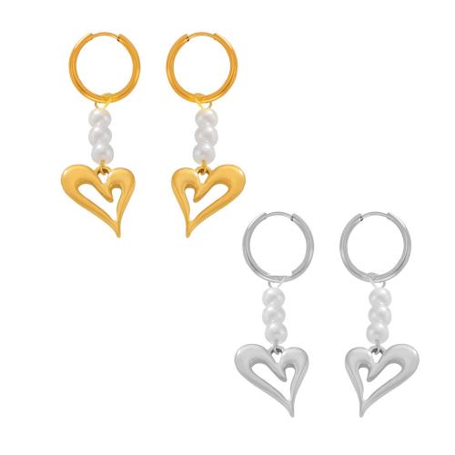 Titanium Steel  Earring with Plastic Pearl Heart fashion jewelry & for woman Sold By Pair