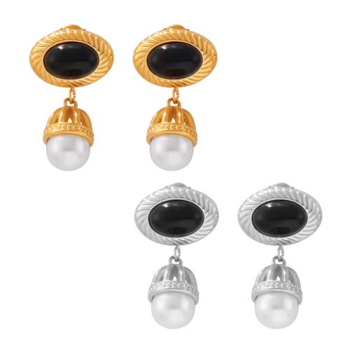 Titanium Steel  Earring with Black Agate & Plastic Pearl fashion jewelry & for woman Sold By Pair