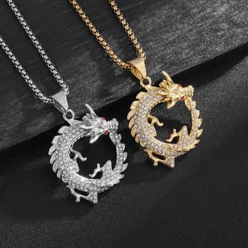 Titanium Steel Pendants Dragon plated & for man & with rhinestone Length 60 cm Sold By PC