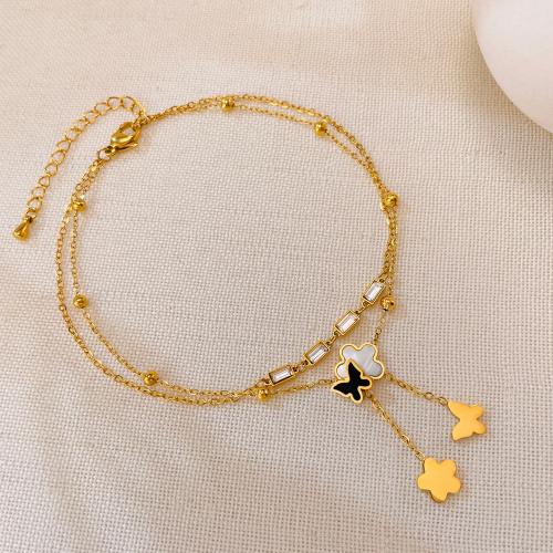 Roestvrijstalen Anklet, 304 roestvrij staal, met Cubic Zirconia, met 4.5CM extender keten, Vlinder, gold plated, voor vrouw & glazuur, Lengte 22 cm, Verkocht door PC