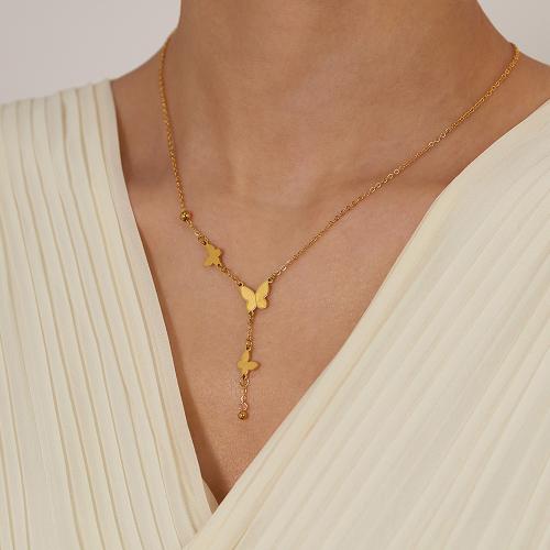 Stainless Steel Jewelry Necklace 304 Stainless Steel with 4.5CM extender chain Butterfly gold color plated for woman Sold By PC