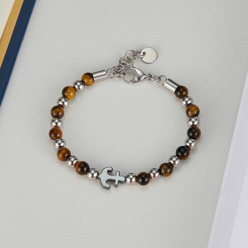 Pulsera de Acero Inoxidable, acero inoxidable 304, con Ojo de tigre & Hematite, con 2.5CM extender cadena, Ancla, chapado en color de plata, para hombre, color mixto, longitud 18 cm, Vendido por UD