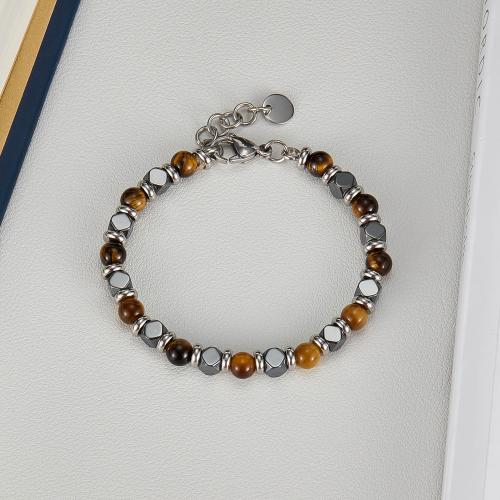 Nehrđajućeg čelika Nakit narukvice, 304 nehrđajućeg čelika, s Tiger Eye & Hematit, s 2.5CM Produžetak lanac, srebrne boje pozlaćen, za čovjeka, miješana boja, Dužina 18.5 cm, Prodano By PC