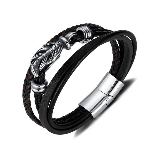 PU Leather Cord Bracelets 304 Stainless Steel with Magnet & PU Leather silver color plated multilayer & for man black Length 20.5 cm Sold By PC