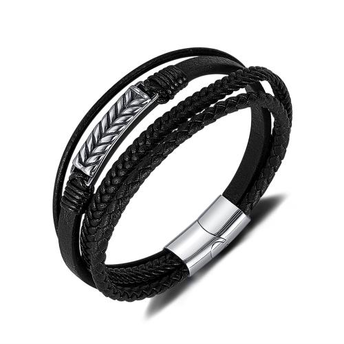 PU cavo bracciali, 304 acciaio inox, with Magnete & PU, placcato color argento, multistrato & per l'uomo, nero, Lunghezza 21 cm, Venduto da PC