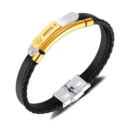 Bracelets cordon PU, Acier inoxydable 304, avec cuir PU, Placage, pour homme, noire, Longueur 21 cm, Vendu par PC