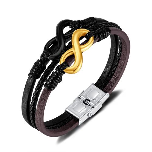 PU Leather Cord Bracelets 304 Stainless Steel with PU Leather Infinity plated multilayer & for man mixed colors Length 20 cm Sold By PC