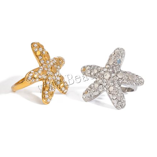 Rhinestone Stainless Steel Finger Ring 304 Stainless Steel Starfish plated fashion jewelry & for woman & with rhinestone Sold By PC