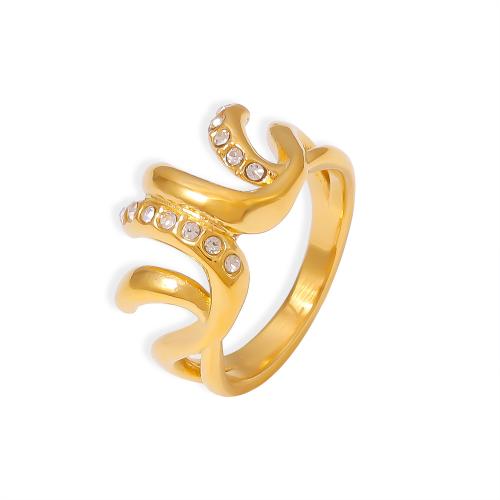 Anillo de dedo acero inoxidable del Rhinestone, acero inoxidable 304, 18K chapado en oro, Joyería & diverso tamaño para la opción & para mujer & con diamantes de imitación, Vendido por UD