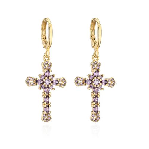 Huggie Hoop Drop Earring Brass Cross plated micro pave cubic zirconia & for woman Sold By Pair