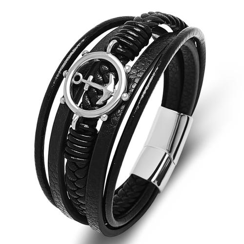 PU Leather Cord Bracelets 304 Stainless Steel with Microfiber PU polished Unisex black Sold By PC