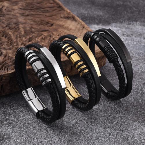 PU Leather Cord Bracelets 316 Stainless Steel with Magnet & PU Leather Vacuum Ion Plating three layers & for man Sold By PC