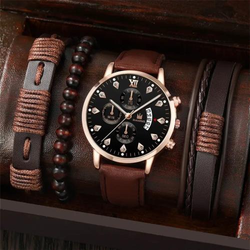 Zinc Alloy Bracelet Set watch & bracelet with PU Leather & Glass & 304 Stainless Steel plated fashion jewelry & for man Length Approx 24.5 cm Sold By Set