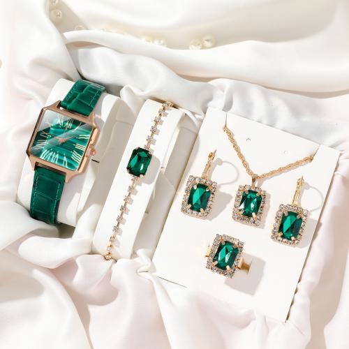 lega in zinco set di gioielli fashion, orologio & anello dito & Bracciale & orecchino & Collana, with PU & vetro & 304 acciaio inox, Motivo geometrico, placcato, per la donna & con strass, verde, watch length 20-24cm, bracelet length 16-18cm, necklace length 40-45cm, Misura:7, Venduto da set