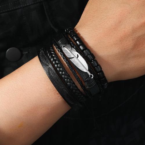 PU Leather Cord Bracelets Zinc Alloy with PU Leather & Elastic Thread & Wax Cord & Wood plated multilayer & for man nickel lead & cadmium free Sold By PC