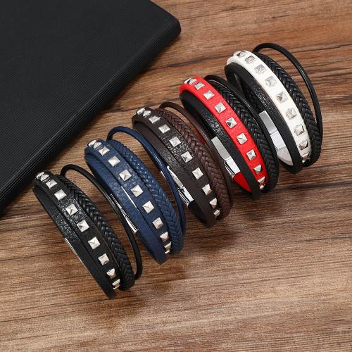 PU Leather Cord Bracelets Zinc Alloy with Magnet & PU Leather plated multilayer & for man nickel lead & cadmium free Length 18-23 cm Sold By PC