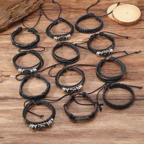 PU Leather Cord Bracelets Zinc Alloy with PU Leather & Wax Cord plated multilayer & for man nickel lead & cadmium free Length 18-23 cm Sold By Set