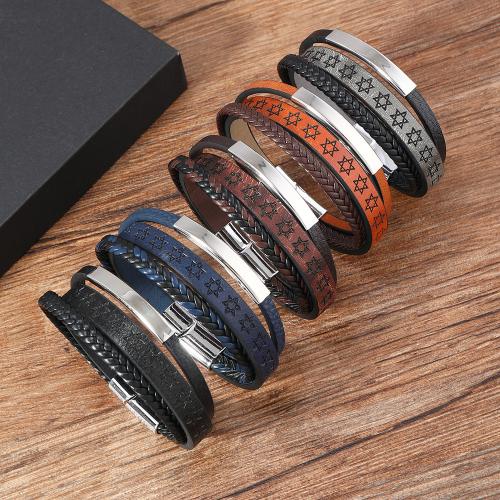 Pulseras de Cordón de PU, aleación de zinc, con Cuero de PU & Cordón de cera, chapado, tres capas & para hombre, más colores para la opción, libre de níquel, plomo & cadmio, longitud 21.5 cm, Vendido por UD